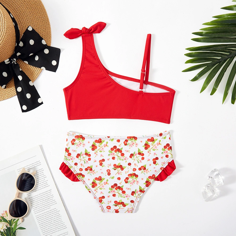 Red Print Oblique Shoulder Girl&prime; S Swimsuit with Ruffles