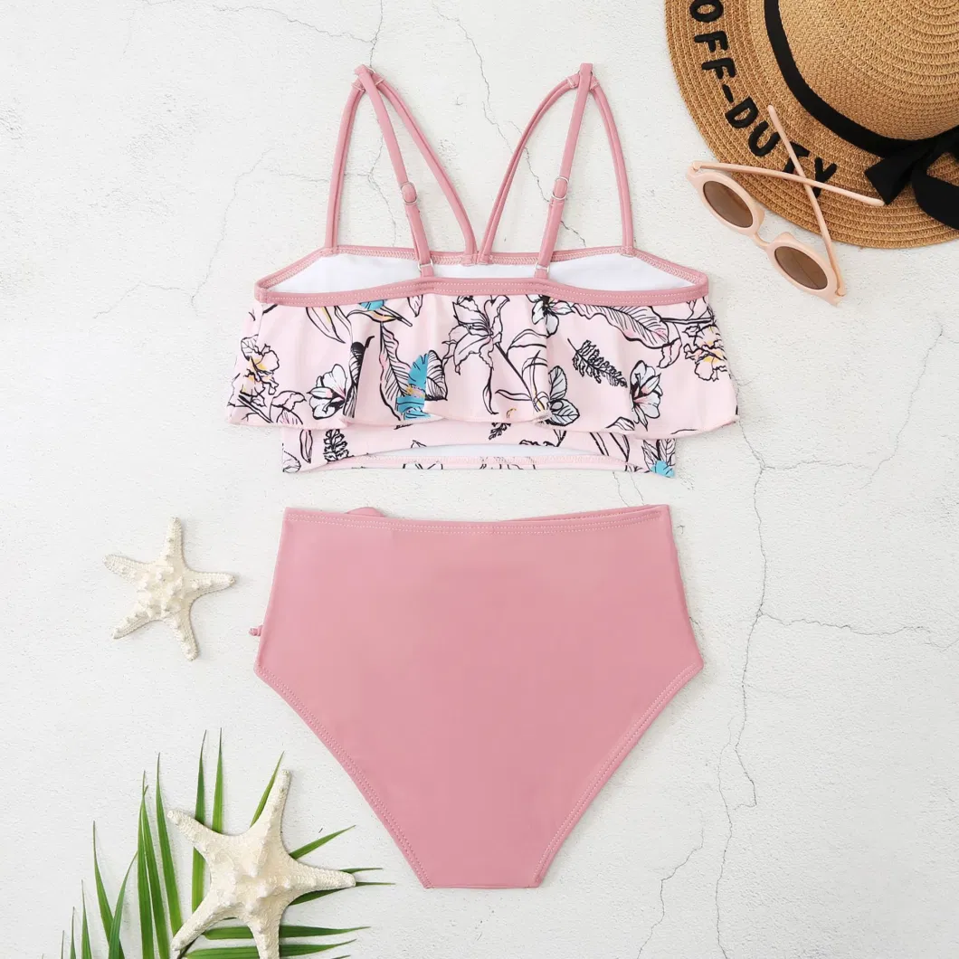 Girls High Waisted Bikini Drawstring Print Swimsuit for Kids