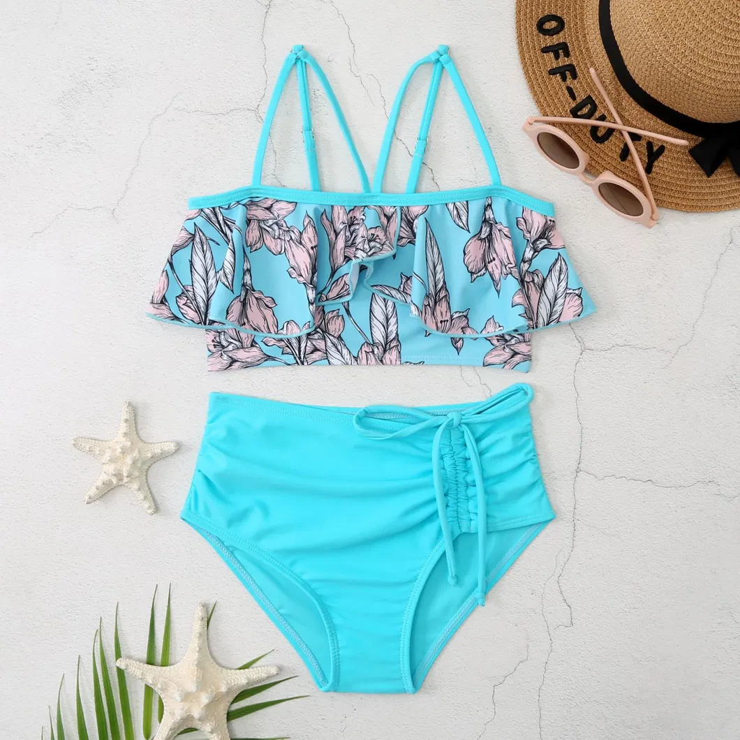 Girls High Waisted Bikini Drawstring Print Swimsuit for Kids