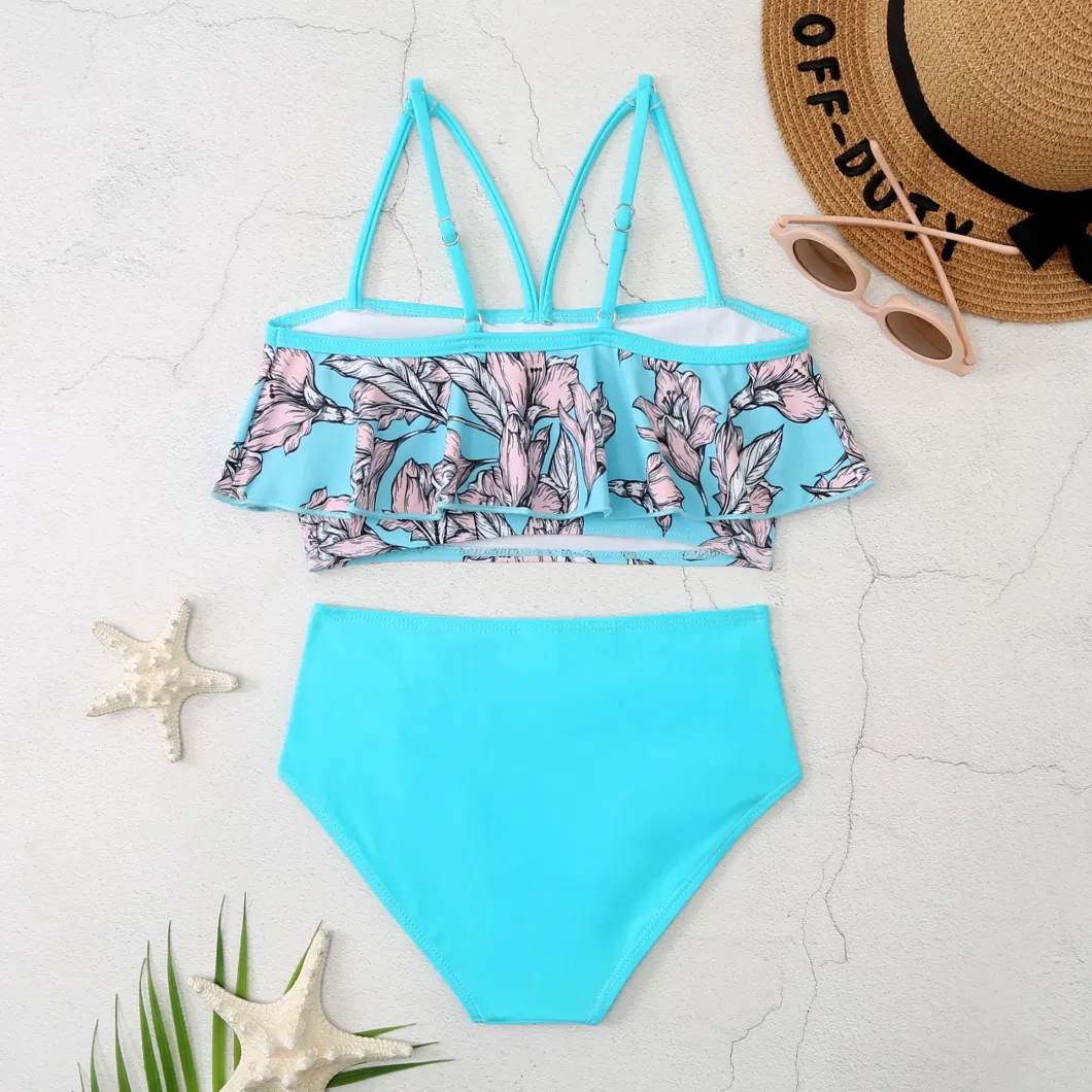 Girls High Waisted Bikini Drawstring Print Swimsuit for Kids