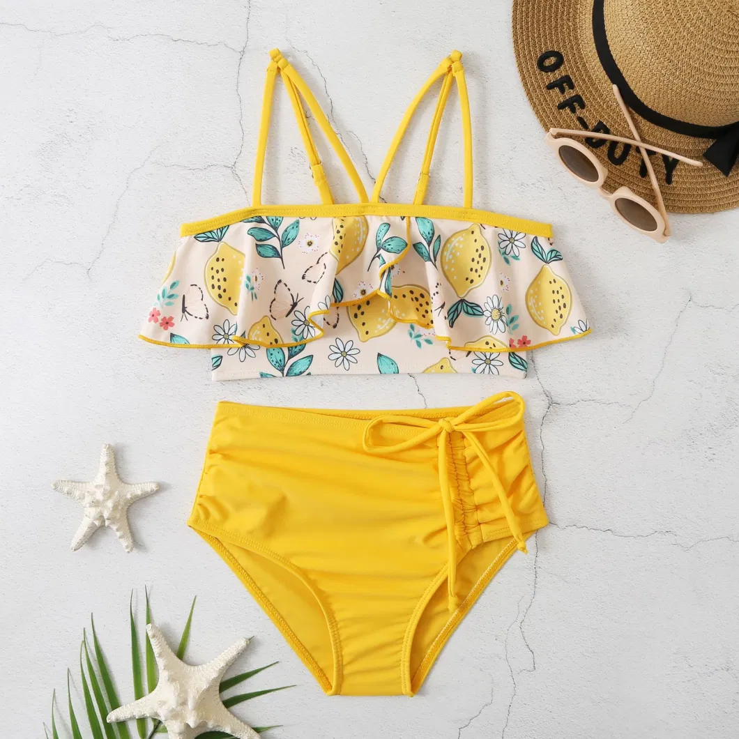 Girls High Waisted Bikini Drawstring Print Swimsuit for Kids