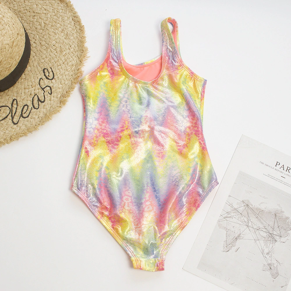 Girls One-Piece Swimsuit Wavy Print Brozing Splicing Kid&prime; S Swimsuit