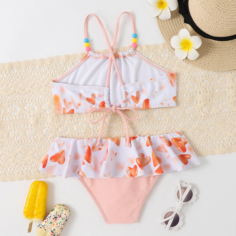 Two-Piece Kid&prime; S Swimsuit Cute Triangle Style Drawstring with Ruffle Bikini