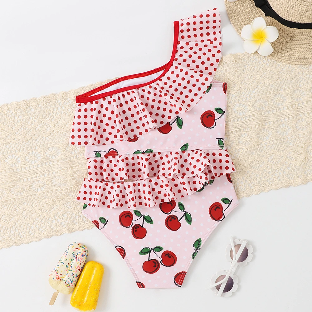 Kid&prime; S One-Piece Swimsuit Cherry Printing Slanted Shoulder Strap with Ruffles Biniki