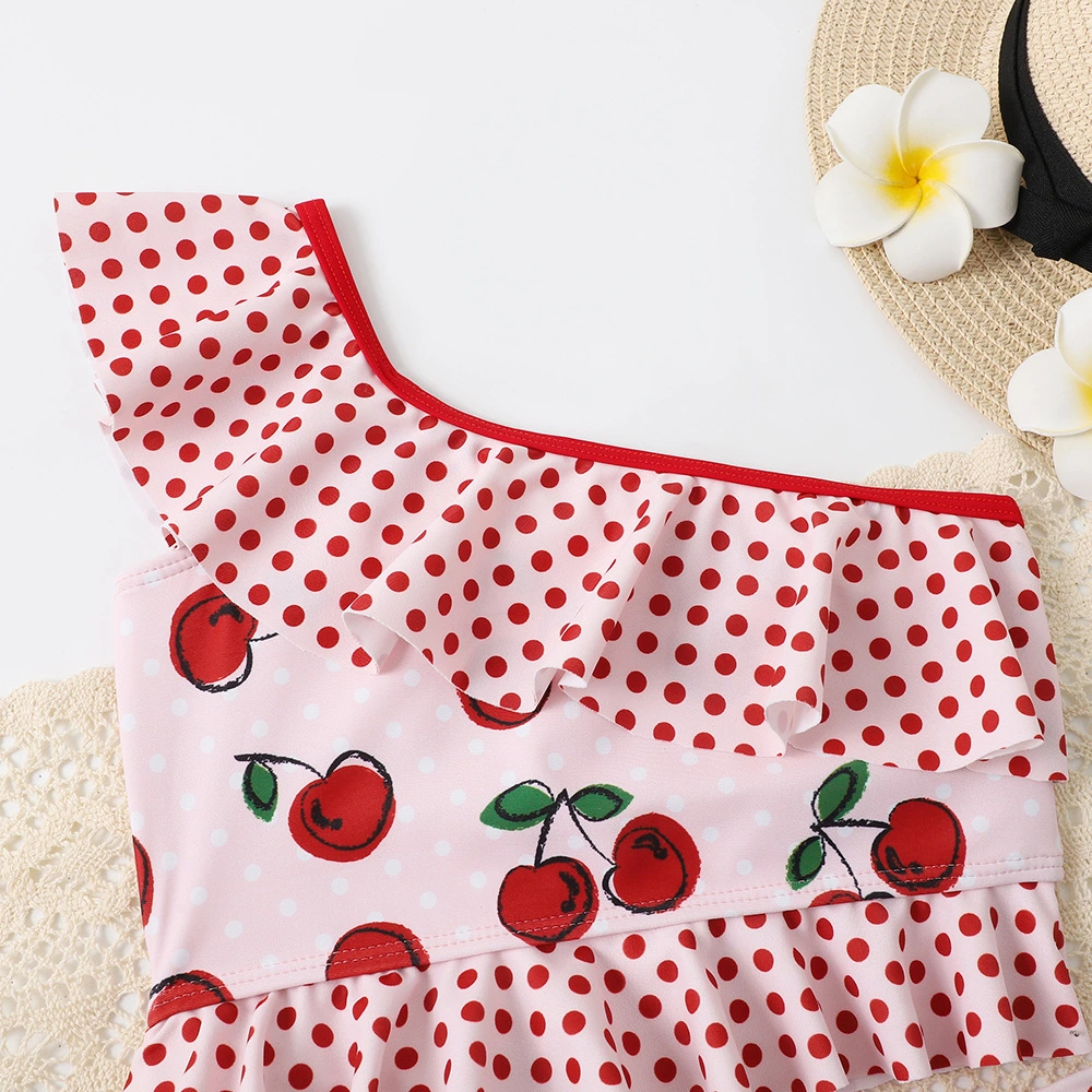 Kid&prime; S One-Piece Swimsuit Cherry Printing Slanted Shoulder Strap with Ruffles Biniki