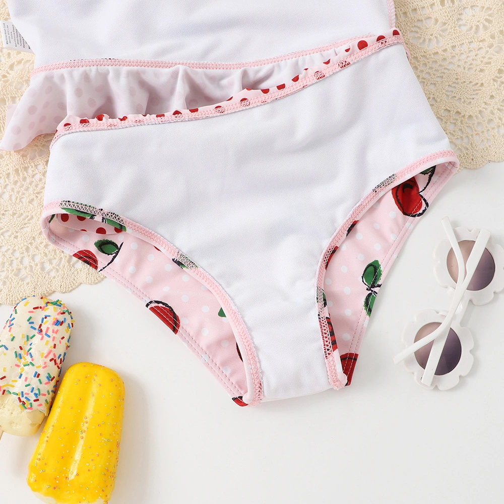 Kid&prime; S One-Piece Swimsuit Cherry Printing Slanted Shoulder Strap with Ruffles Biniki