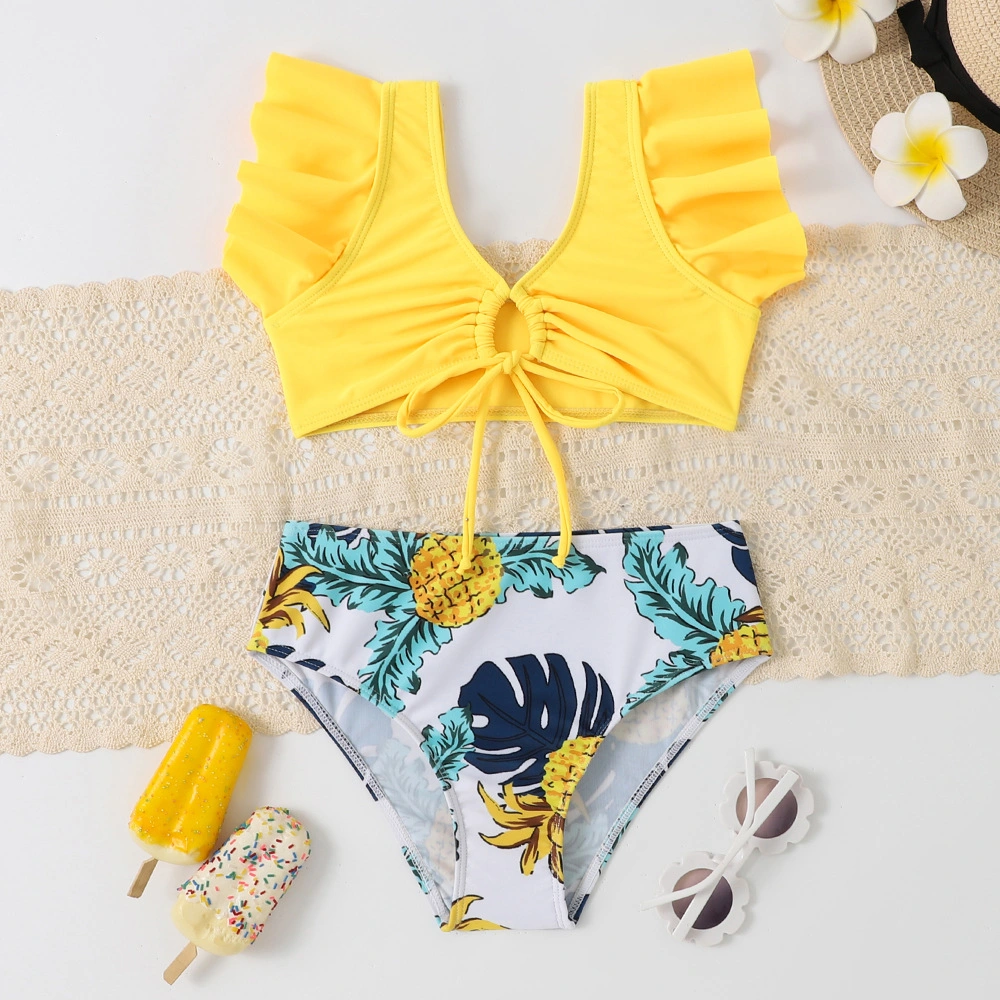 Girls&prime; Swimsuit 2 Piece Pull Rope Color Leaves Printed Swimming Suit Bikini