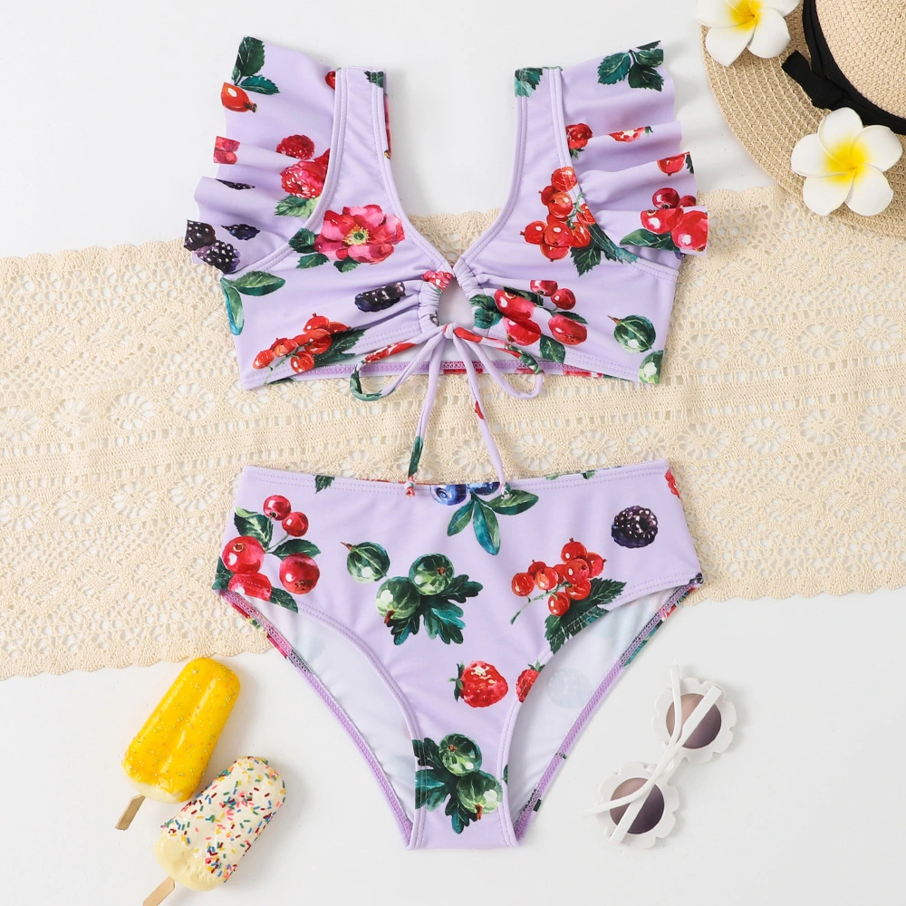 Girls&prime; Swimsuit 2 Piece Pull Rope Color Leaves Printed Swimming Suit Bikini