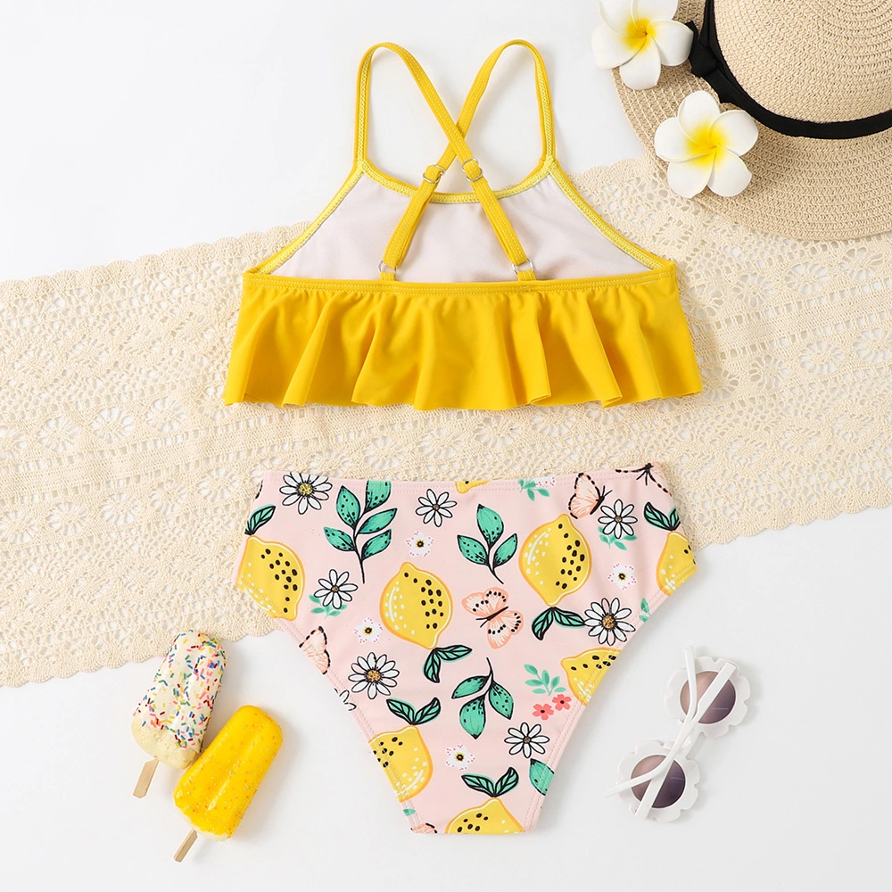 Girl&prime; S Swimsuit Colorful Leaf Printing with Ruffles Kid&prime; S Two Piece Bikini