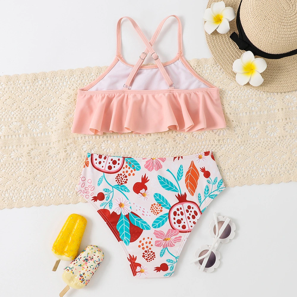 Girl&prime; S Swimsuit Colorful Leaf Printing with Ruffles Kid&prime; S Two Piece Bikini