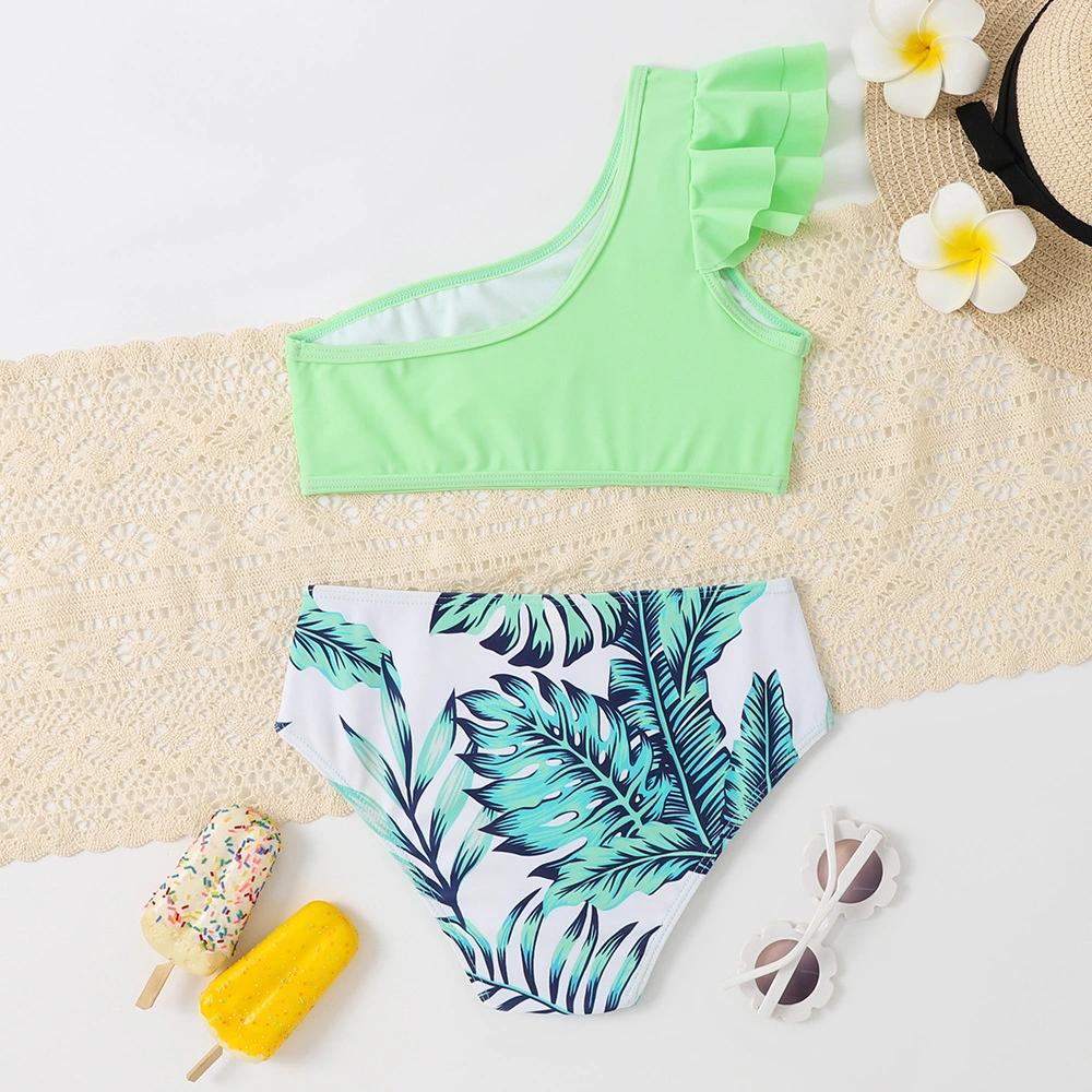 Two-Piece Girl&prime; S Swimsuit Cute Ruffles with Flower Printing Bikini