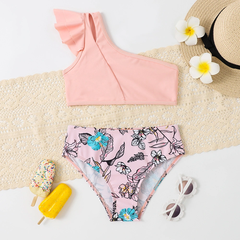 Two-Piece Girl&prime; S Swimsuit Cute Ruffles with Flower Printing Bikini