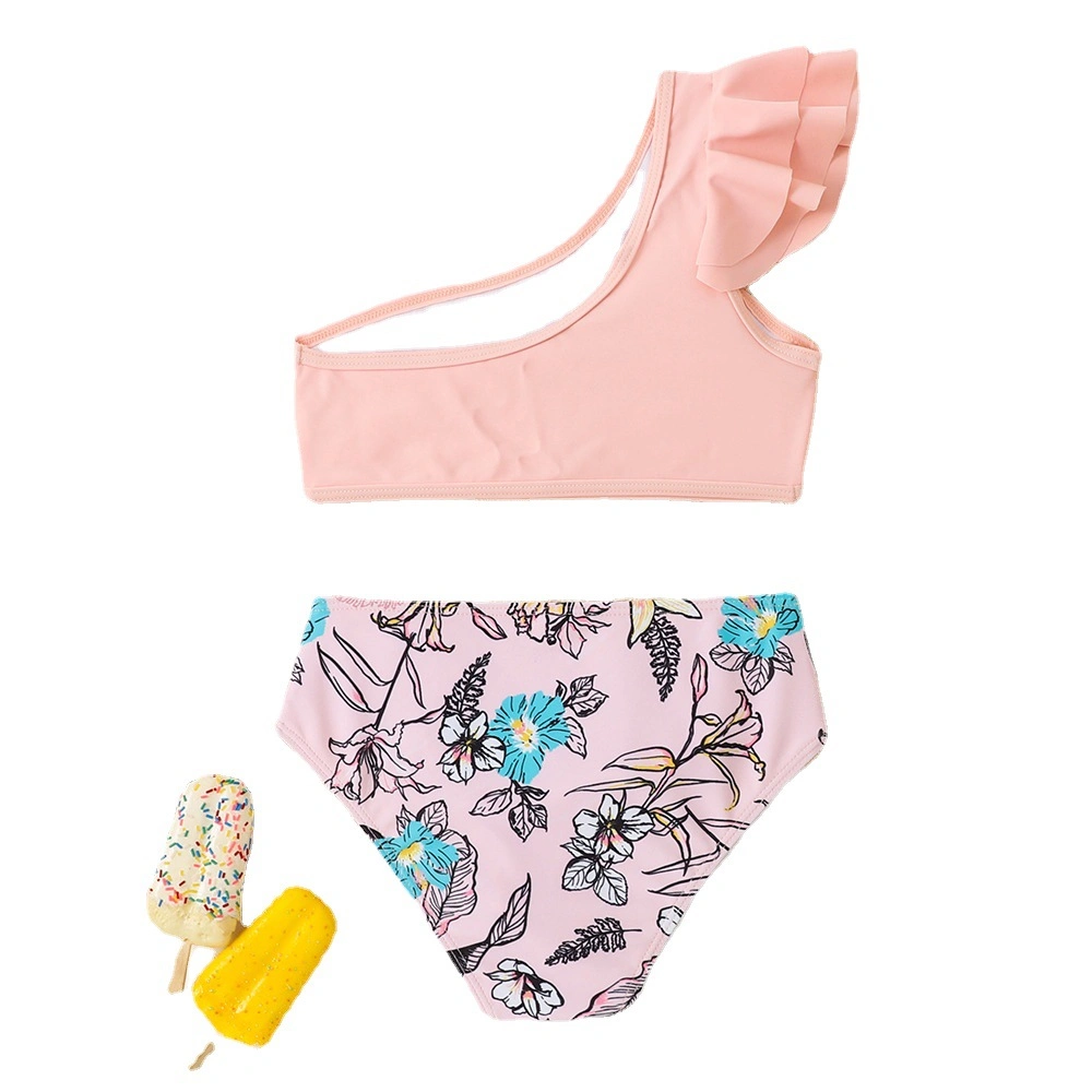 Two-Piece Girl&prime; S Swimsuit Cute Ruffles with Flower Printing Bikini