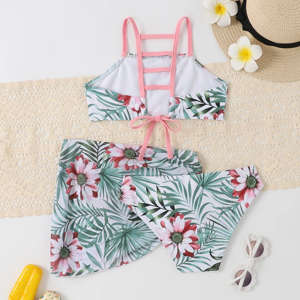 Three-Piece Girls&prime; Swimsuit Beach Suit Skirt Tropical Style Printed Children&prime;s Swimsuit