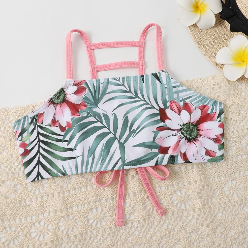 Three-Piece Girls&prime; Swimsuit Beach Suit Skirt Tropical Style Printed Children&prime;s Swimsuit