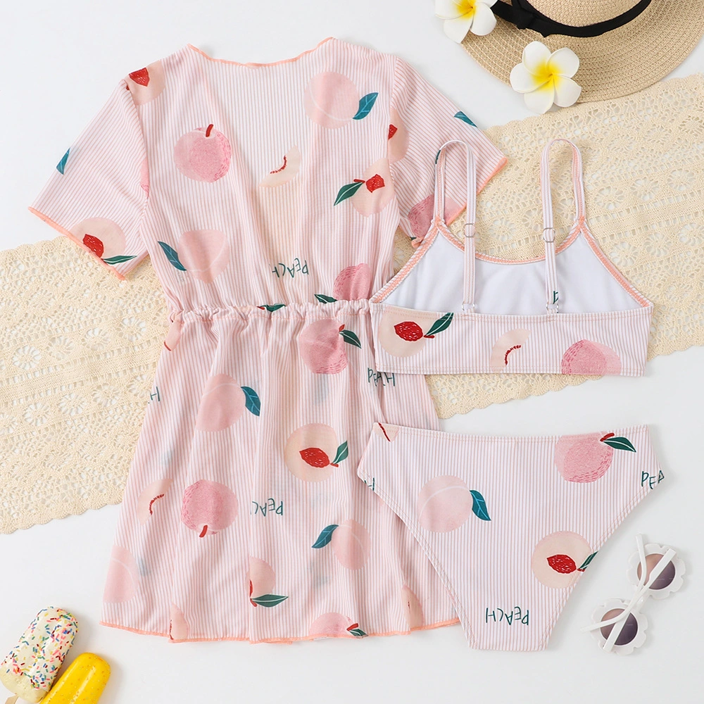 2023 New Style Children&prime;s Swimsuit Three-Piece Amazon Peach Printinmg Girl&prime;s Swimsuit with Smock