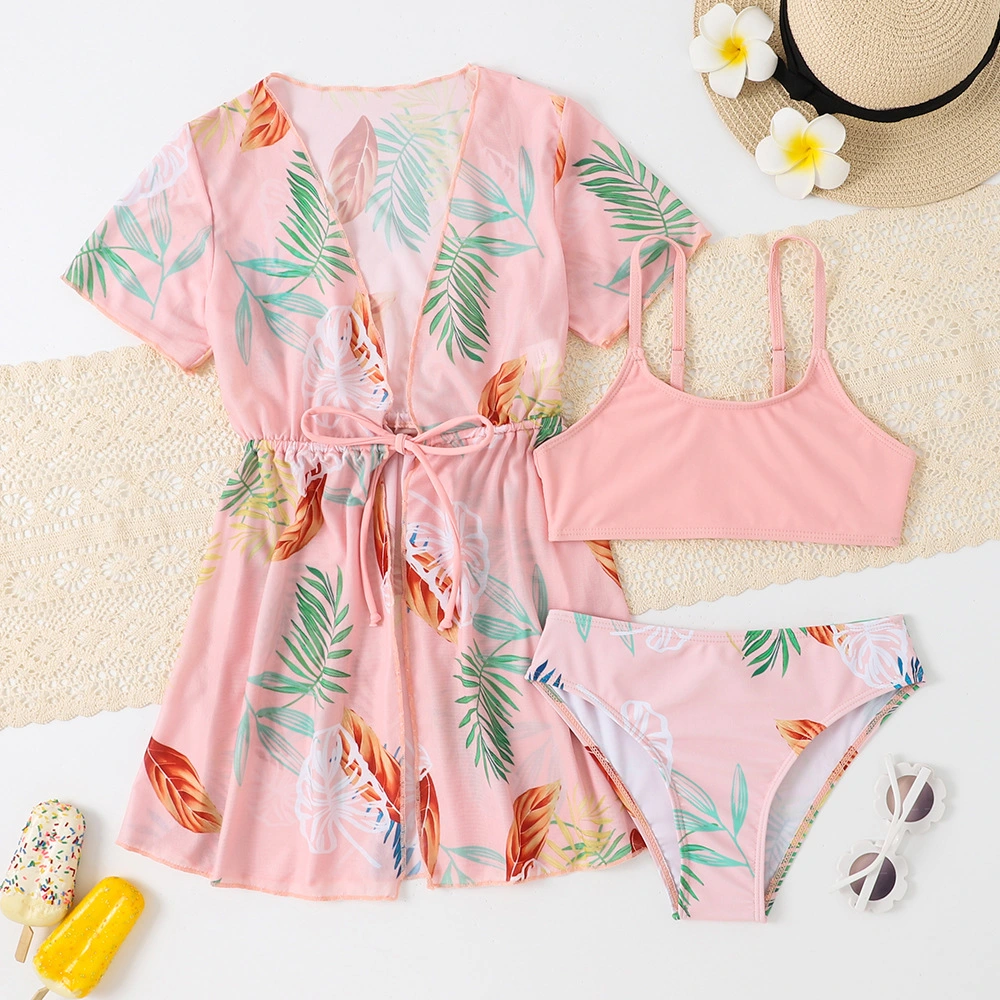 2023 New Style Children&prime;s Swimsuit Three-Piece Amazon Peach Printinmg Girl&prime;s Swimsuit with Smock