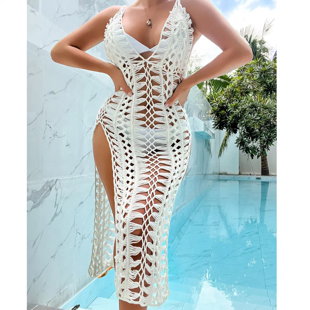 Women&prime; S Beach Vacation Sexy Hand Hook Braided Hollowed out High Slit Suspender Skirt Bikini Smock Skirt