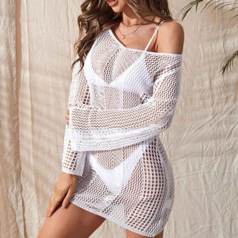 Europe New Style Beach Smock Hollowed Knitted Long-Sleeved Backless Beach Skirt Bikini Swimsuit Smock