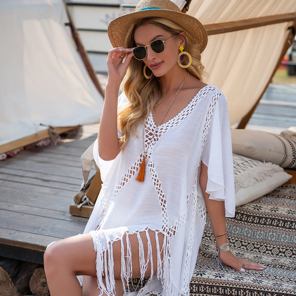 Hot Selling Hand Hook Stitching Sunscreen Top Coat Fringe Irregular Bikini Beach Smock