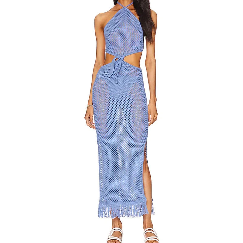 Hollowed out Bikini Smock Bust Wrap Long Skirt Two-Piece Lace-up Tassel Beach Sunscreen Cover up