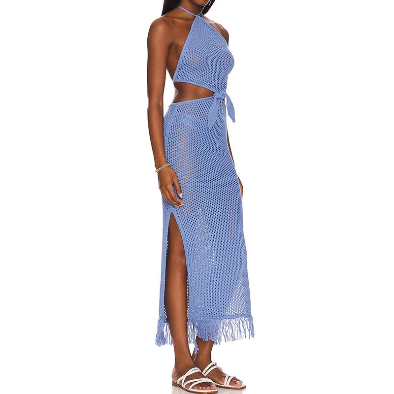 Hollowed out Bikini Smock Bust Wrap Long Skirt Two-Piece Lace-up Tassel Beach Sunscreen Cover up