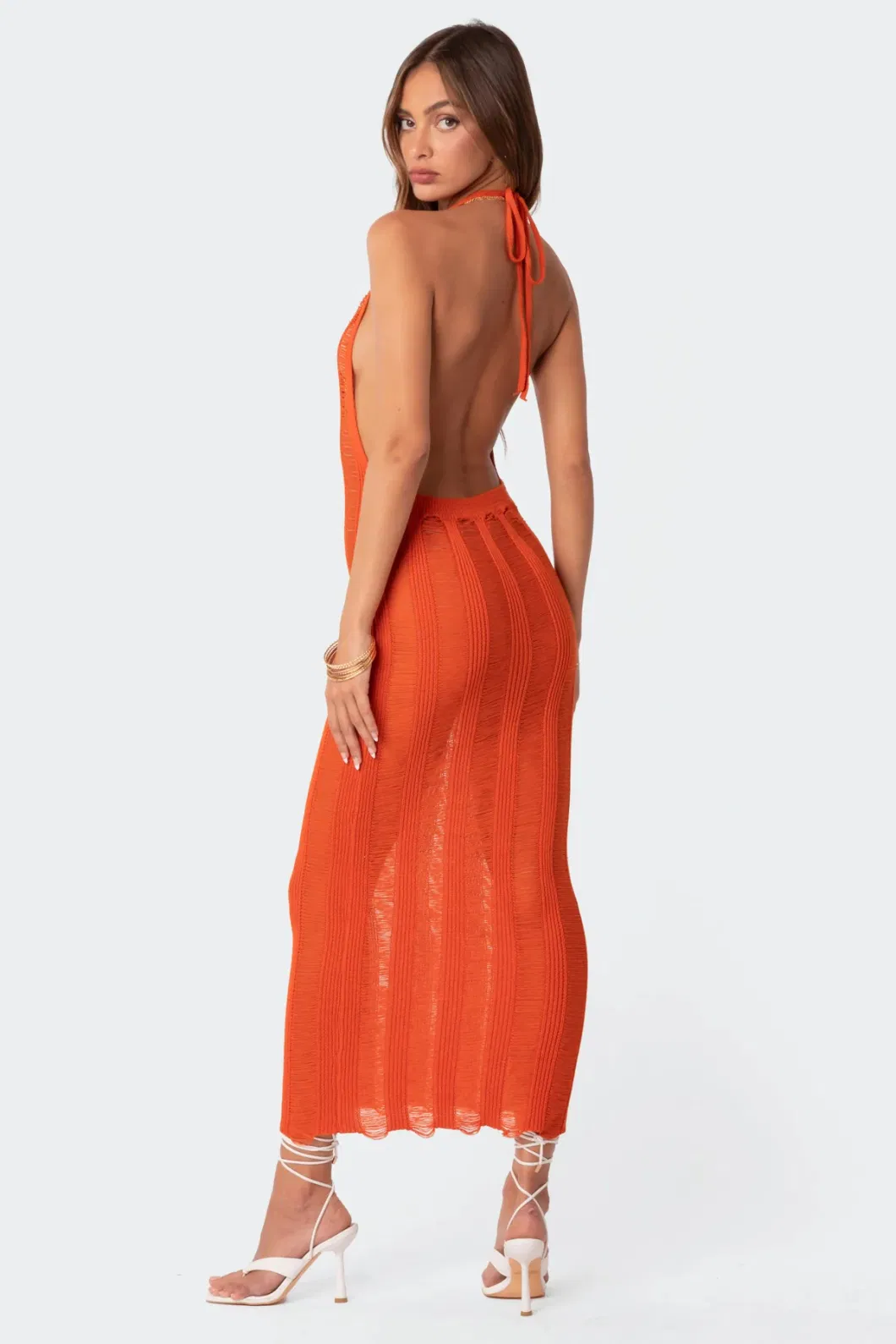 Sexy See-Through Halter V Neck Backless Solid Color Maxi Women Knitted Dress Beach Cover up