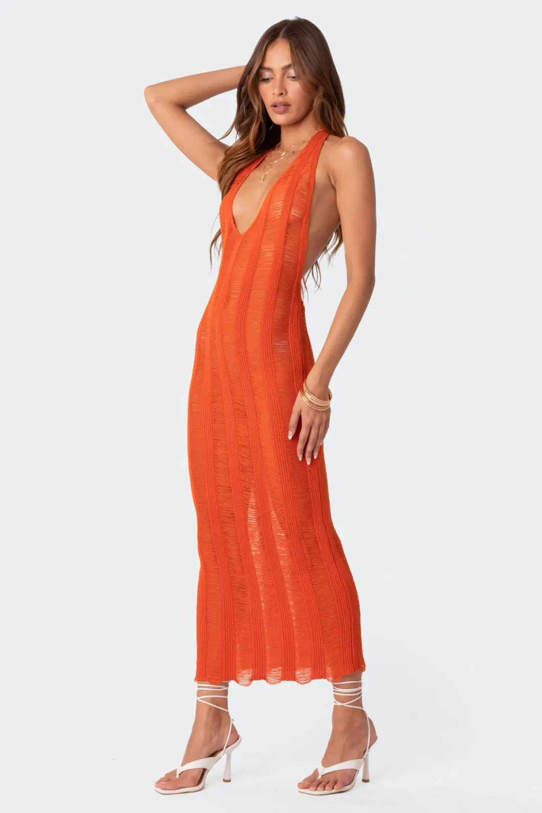 Sexy See-Through Halter V Neck Backless Solid Color Maxi Women Knitted Dress Beach Cover up