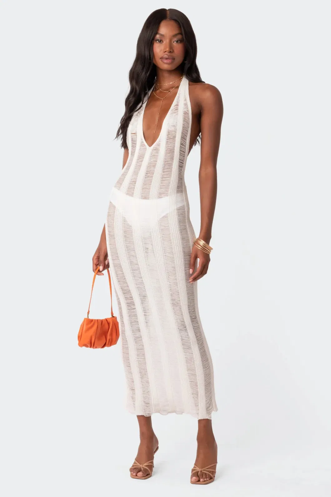 Sexy See-Through Halter V Neck Backless Solid Color Maxi Women Knitted Dress Beach Cover up