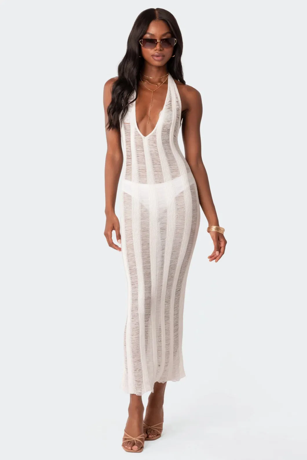 Sexy See-Through Halter V Neck Backless Solid Color Maxi Women Knitted Dress Beach Cover up