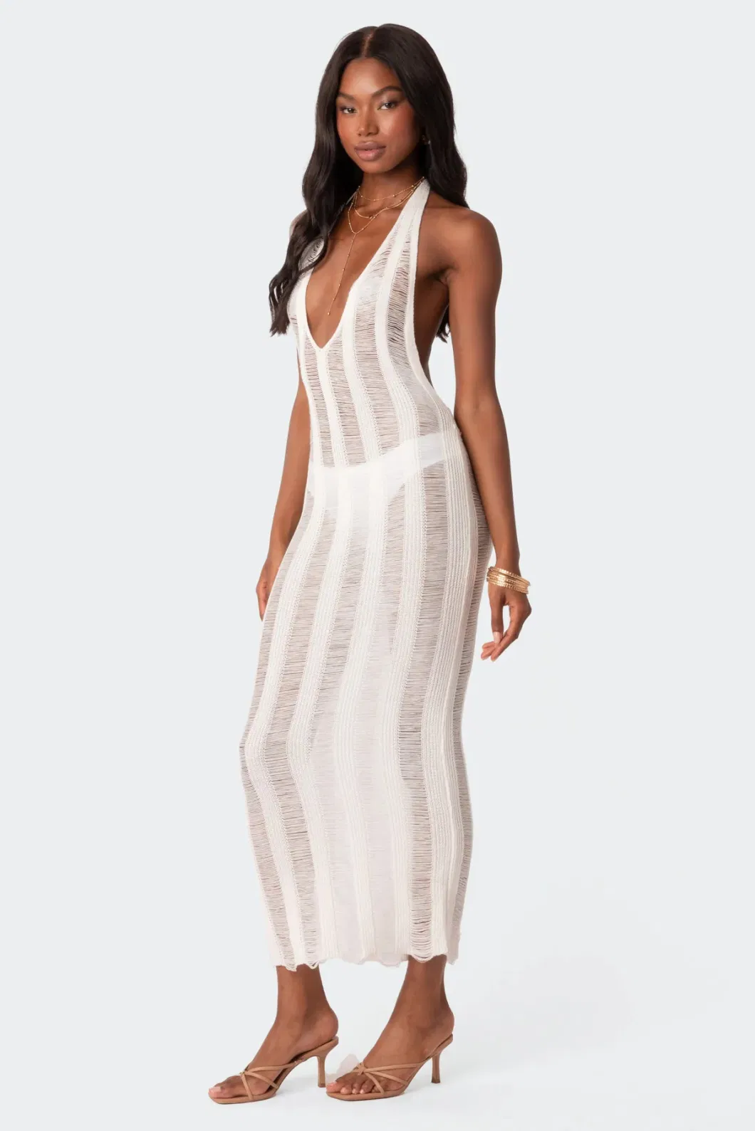 Sexy See-Through Halter V Neck Backless Solid Color Maxi Women Knitted Dress Beach Cover up