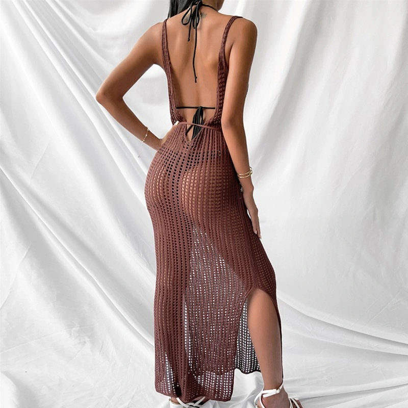 2022 Solid Pointelle Split Backless Drawstring Waist Knitted Beach Dress