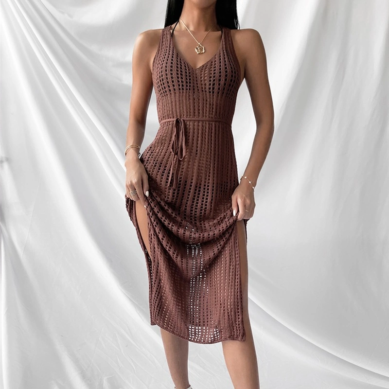 2022 Solid Pointelle Split Backless Drawstring Waist Knitted Beach Dress