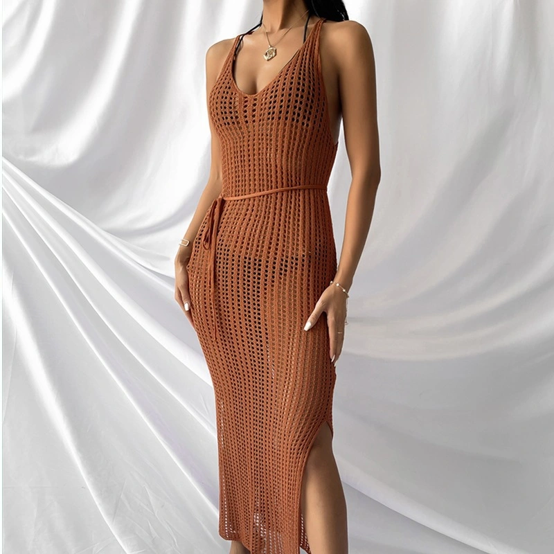 2022 Solid Pointelle Split Backless Drawstring Waist Knitted Beach Dress