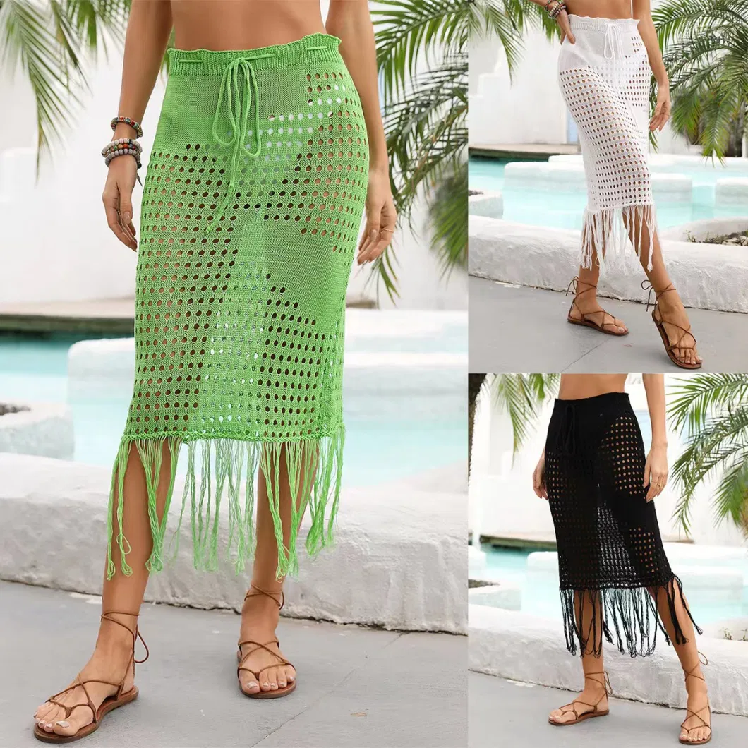 2024 Amazon Summer New Hollow Beach Shirt Bikini Fringe Beach Cover up Half Skirt Knitted Skirt for Women Cutout