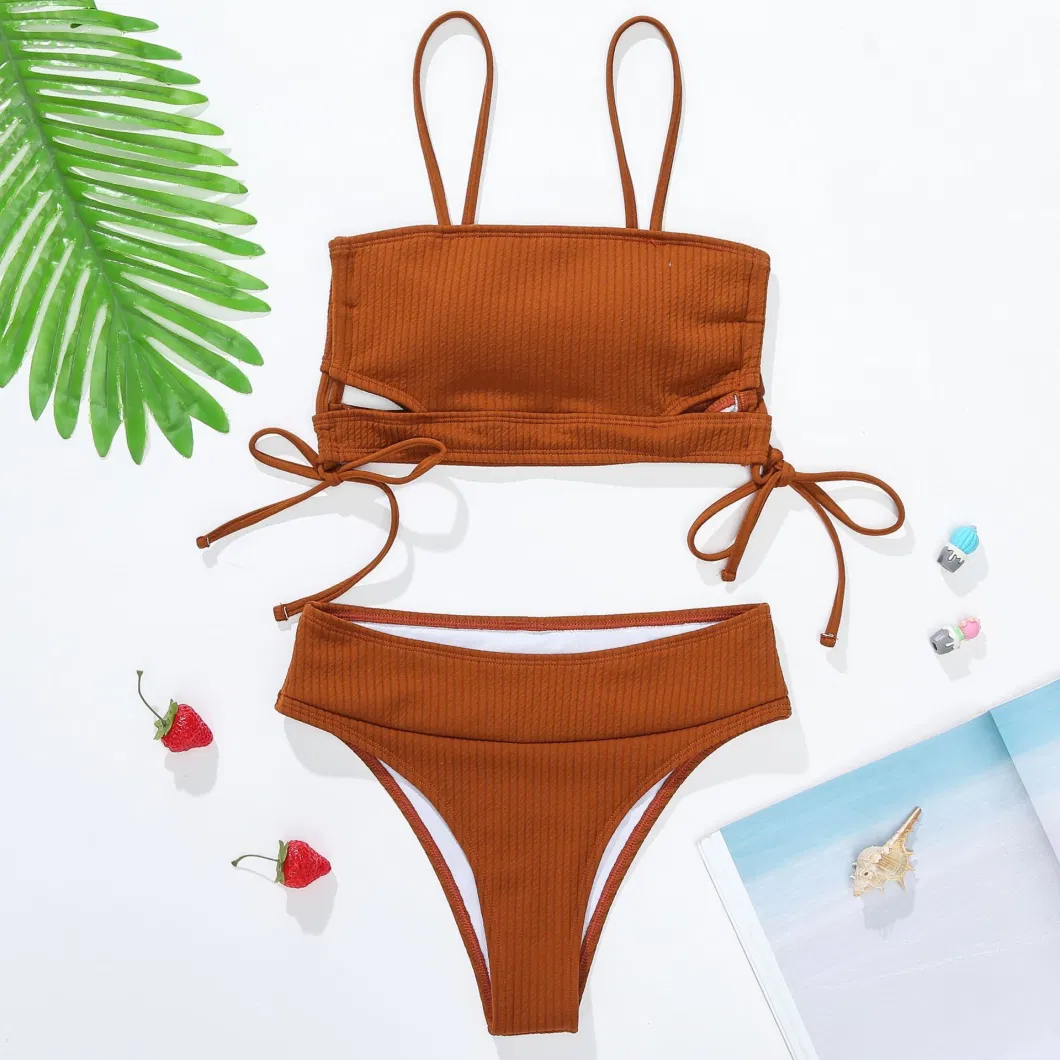 2022 Solid Rib Drawstring High Waist Women&prime;s Bikini Swimsuits