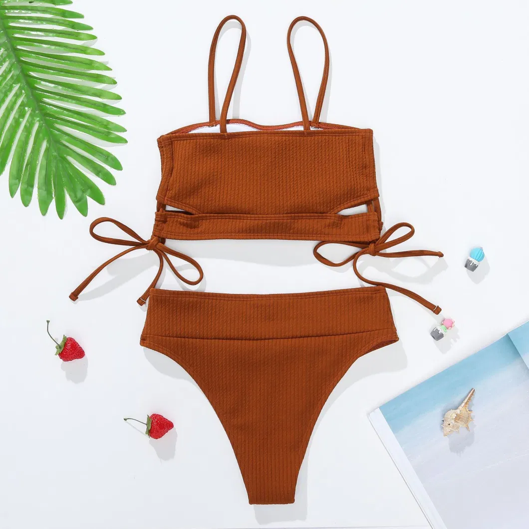 2022 Solid Rib Drawstring High Waist Women&prime;s Bikini Swimsuits