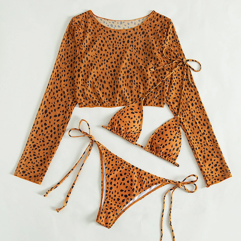 Long Sleeve Transparent Leopard Print Mesh Smock Women&prime;s Three-Piece Swimsuit Set