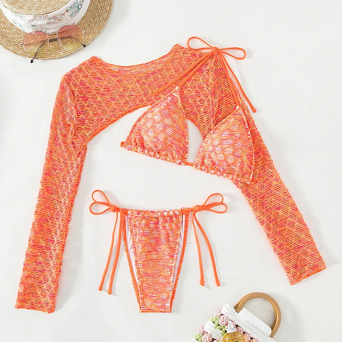 Long Sleeve Orange Mesh Smock Women&prime;s Three-Piece Swimsuit Set Sexy Lace-up Bikini