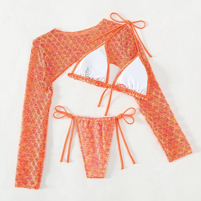 Long Sleeve Orange Mesh Smock Women&prime;s Three-Piece Swimsuit Set Sexy Lace-up Bikini