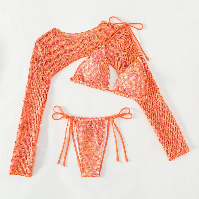 Long Sleeve Orange Mesh Smock Women&prime;s Three-Piece Swimsuit Set Sexy Lace-up Bikini