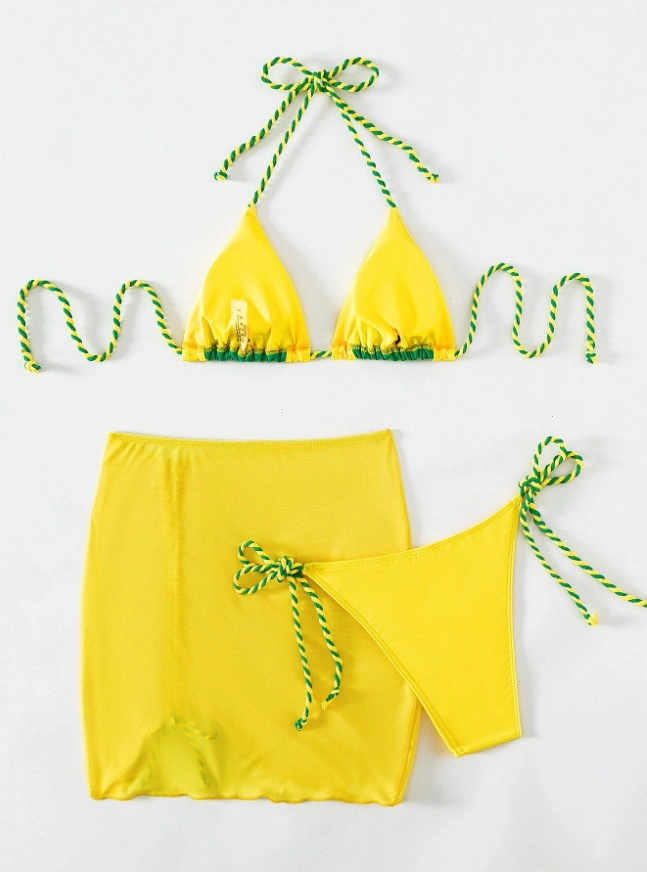 Three-Piece Bikini Tie Strap Drawstring Cover up Skirt Swimsuit