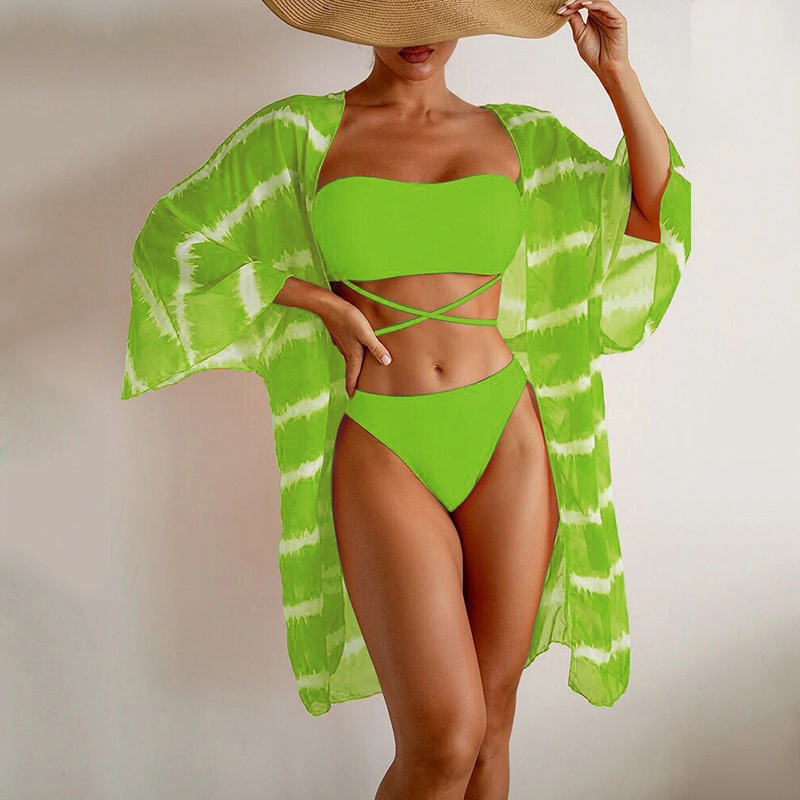 Beach Swimsuit Wavy Printing Mesh Cover up Three-Piece Bikini Set