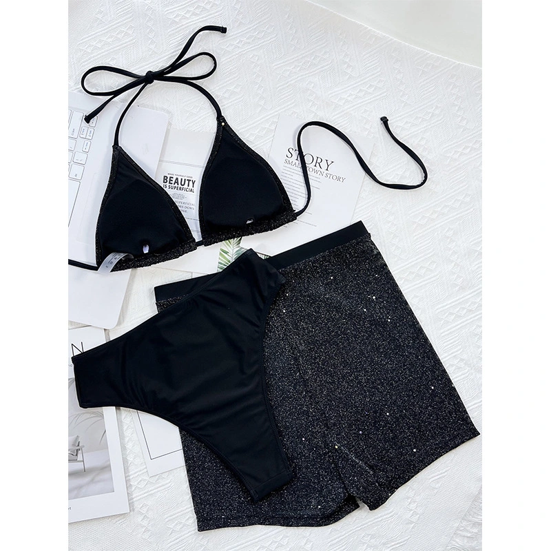 Three-Piece Tie Strap Backless Drawstring Soild Color Bikini