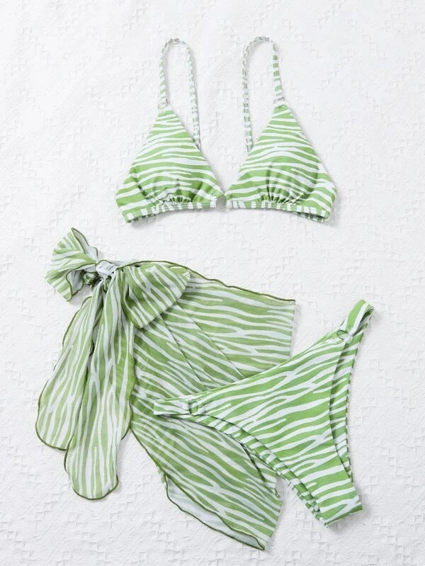 2024 3 Pack Stripe Print Bikini Swimsuits &amp; Cover up