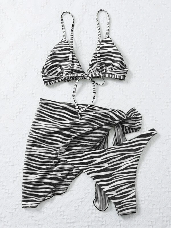 2024 3 Pack Stripe Print Bikini Swimsuits &amp; Cover up