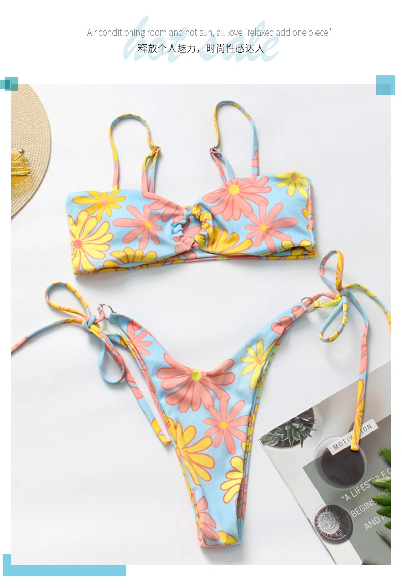 2024 Floral Print O Ring Tie Side Thong Sexy Bikini Swimsuits