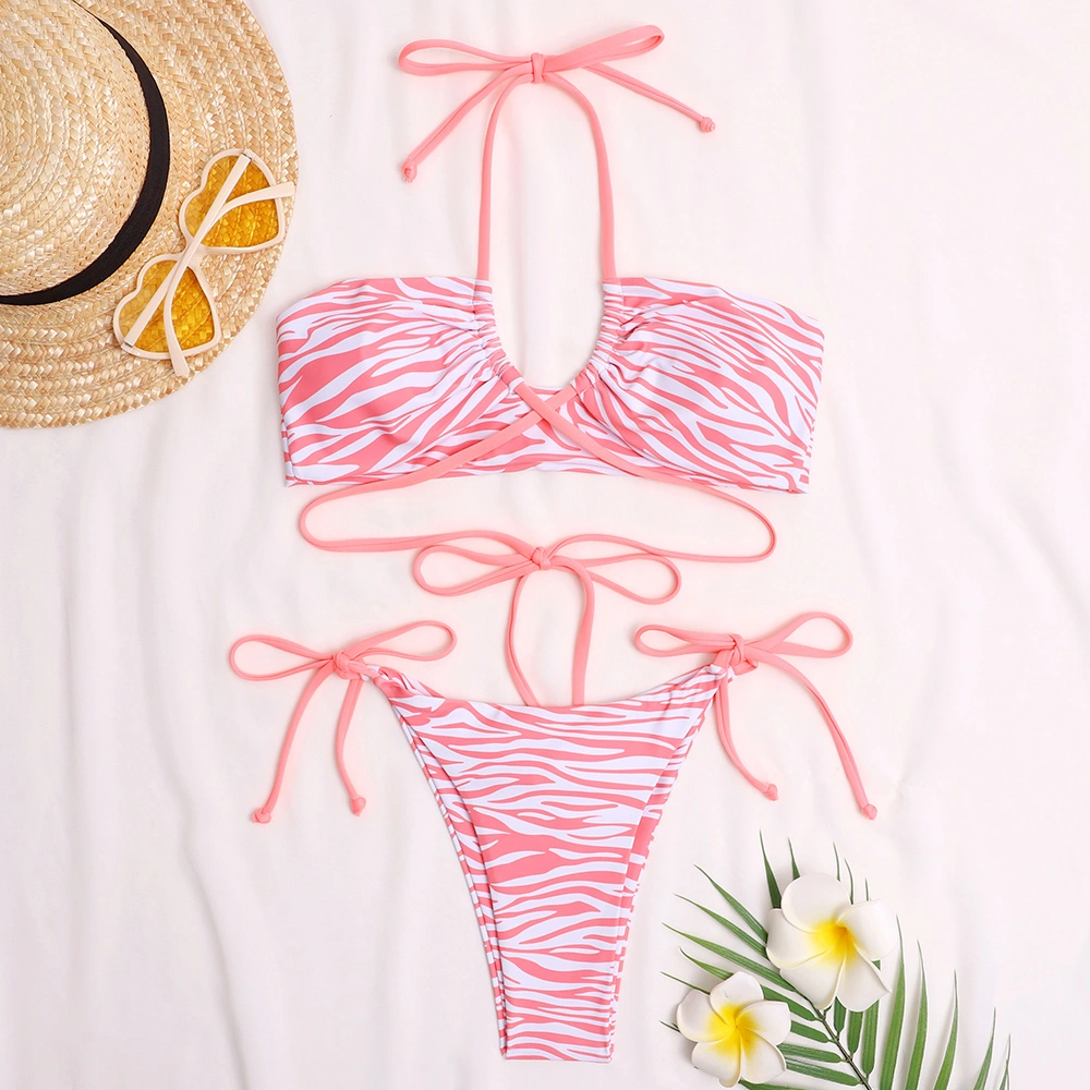 2021 New Arrival Strip Printed Tie Side Halter Two Pieces Bikini Swimsuits