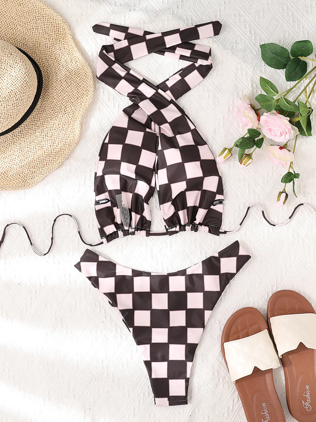 2024 Black Coffee Plaid Cross Halter Tie Back Sexy Bikini Swimsuits