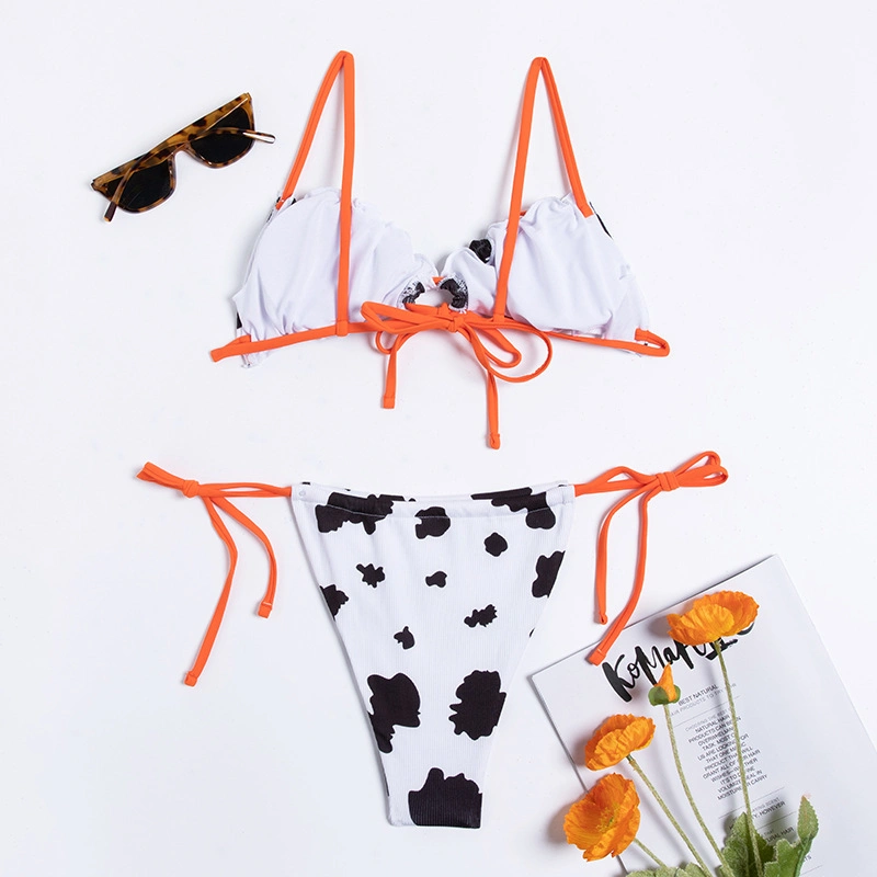 2023 Cow Print Contrast Strap Tie Front Frill Trim Bikini Swimsuits